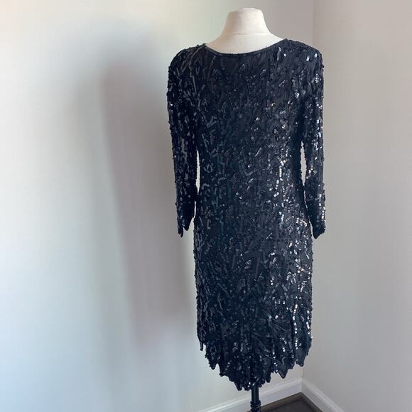 VINTAGE Sequin Dress Womens Sz Small Black Quarter Sleeve Holiday 100% Silk - Picture 5 of 7